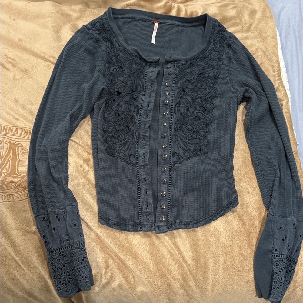 Free People Dark Blue Embroidered Women's Top